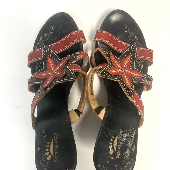 Spring Step Sandals Women 41 US 10 Leather Flower Wedges Red Black Gardenia Boho - Picture 5 of 11